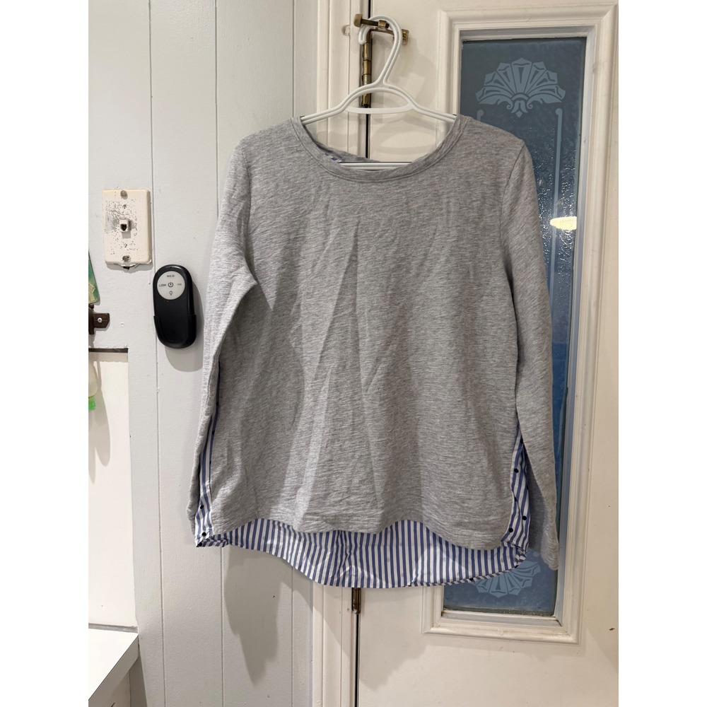 Talbots Mixed Media Top Gray Knit Blue White Striped Polka Dot Back Size M